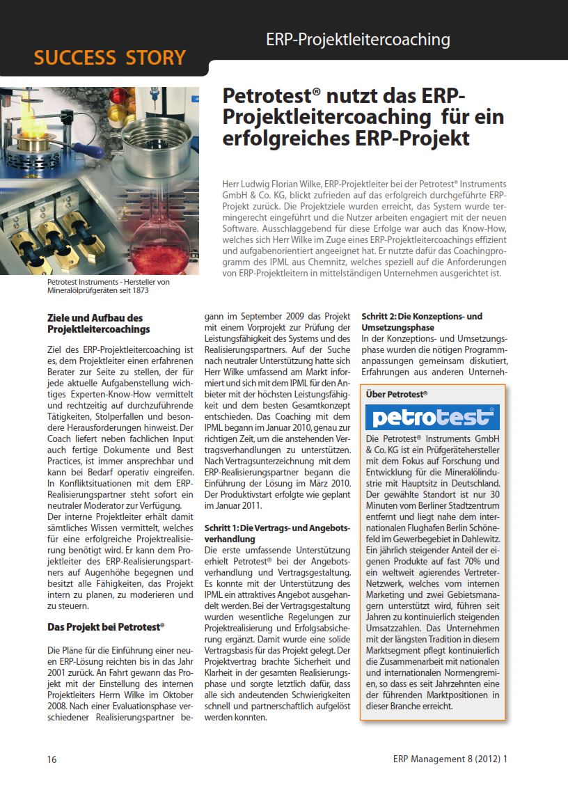 Abbildung Success Story: Petrotest® nutzt das ERP-Projektleitercoaching für ein erfolgreiches ERP-Projekt
